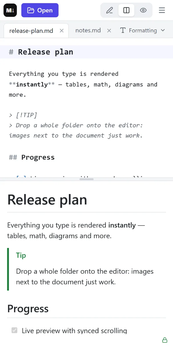 スマートフォンの Markdown Preview Editor：上にエディター、下にプレビュー