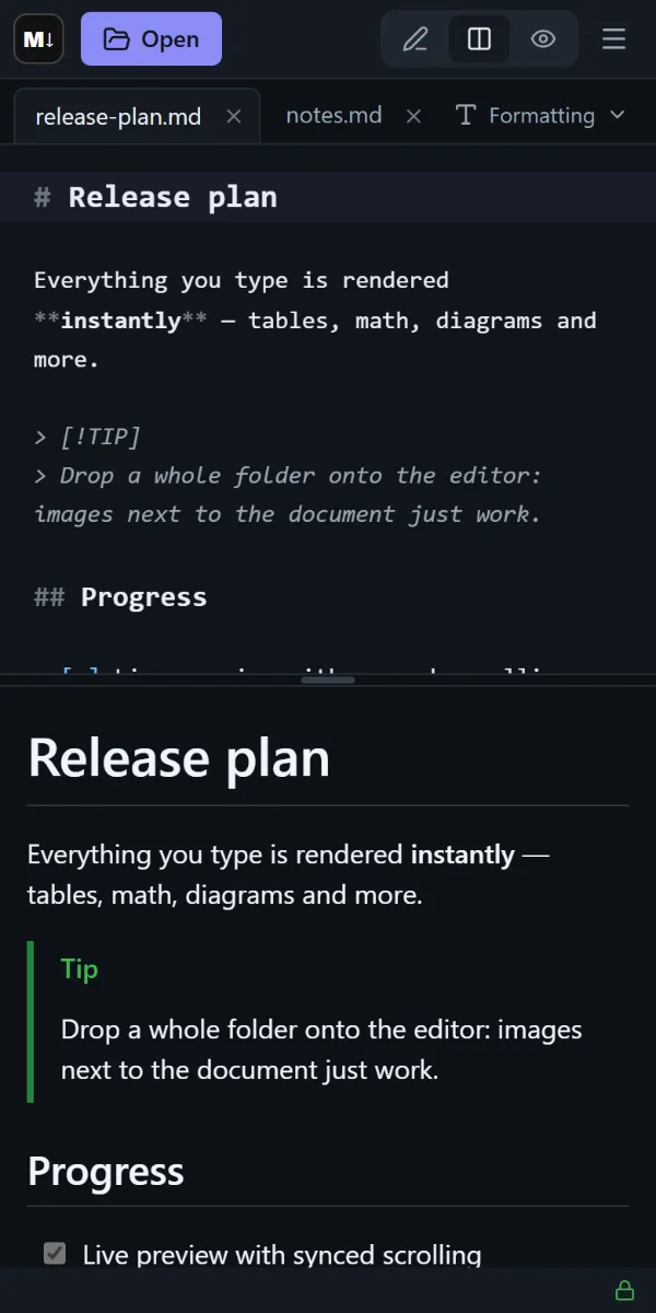 Markdown Preview Editor on a phone: editor above, preview below